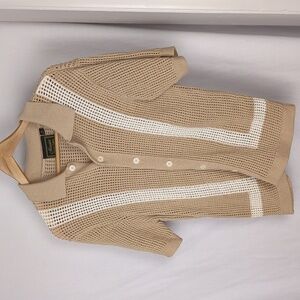 VINTAGE Men's Tan Contrast Color Crochet Knit Bowling Camp Shirt